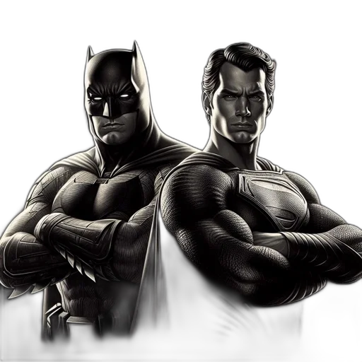 comic book art, concept art, cartoon, fantasy art, batman, superman, stand, together transparent PNG cut-out