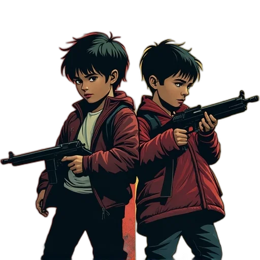 weapon, jacket, comic book art, concept art, cyberpunk, pixel art, red, two transparent PNG cut-out