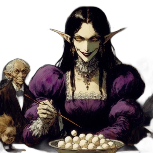 food, fantasy art, concept art, dark, mischievous, female, character, elongated transparent PNG cut-out