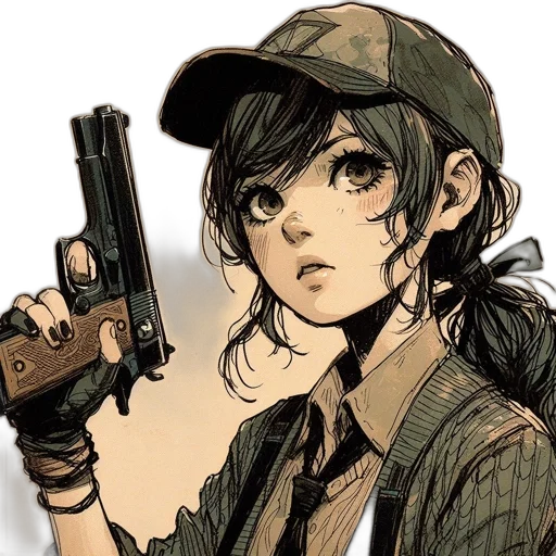 weapon, hat, comic book art, anime, cartoon, concept art, green, earth tones transparent PNG cut-out