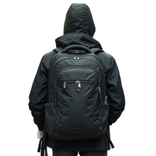 jacket, cyberpunk, 3d render, dark, large, backpack, shown, small transparent PNG cut-out