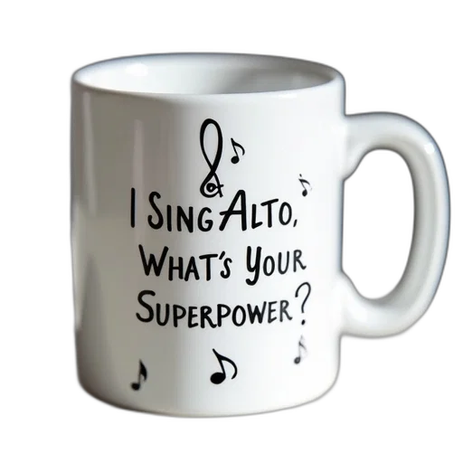white, coffee, mug, black, design, reads, sing, alto transparent PNG cut-out