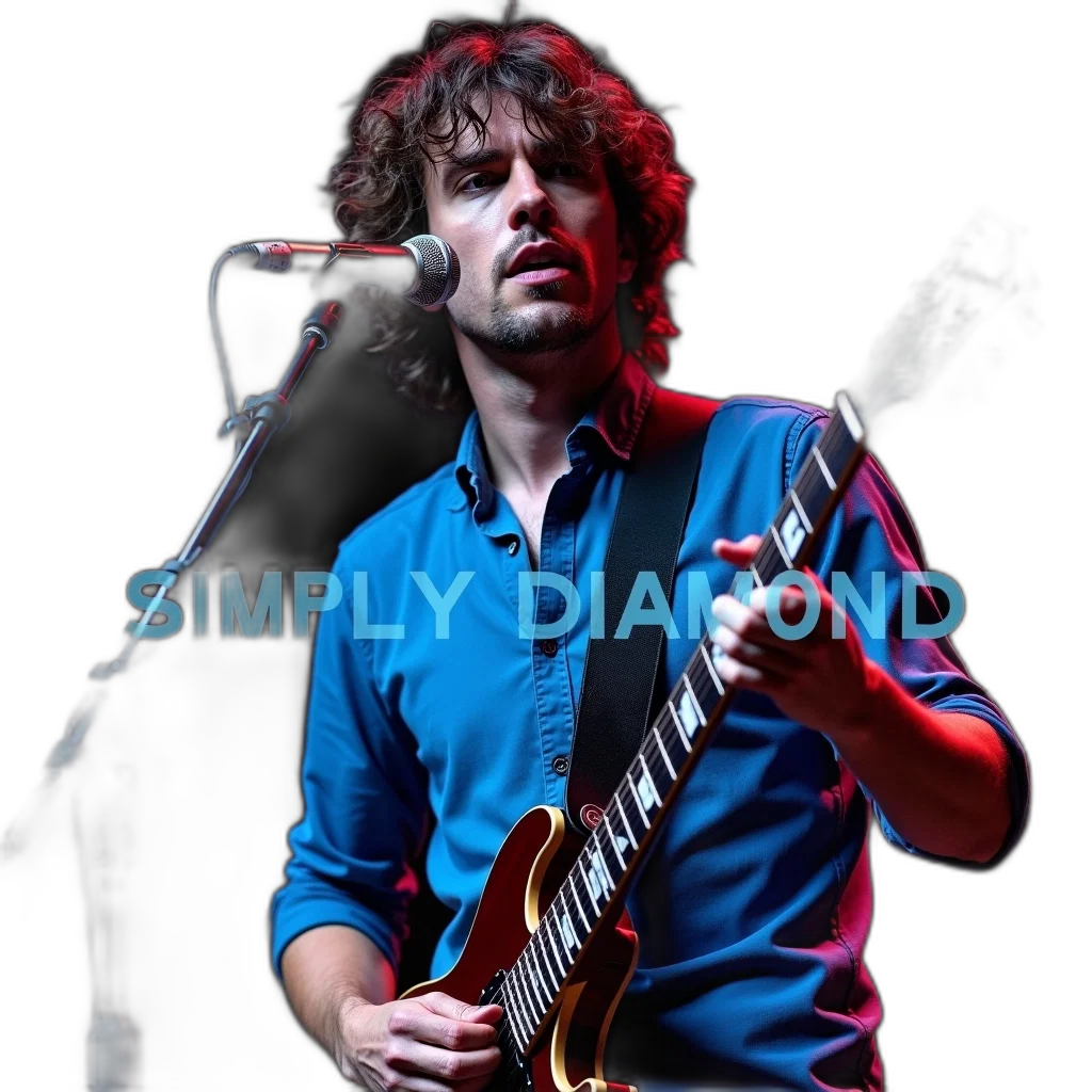 man, curly, hair, wearing, blue, shirt, black, guitar transparent PNG cut-out