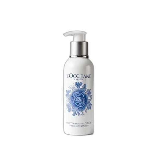 bottle, occitane, provence, moisturizing, cream, blue, floral, design transparent PNG cut-out
