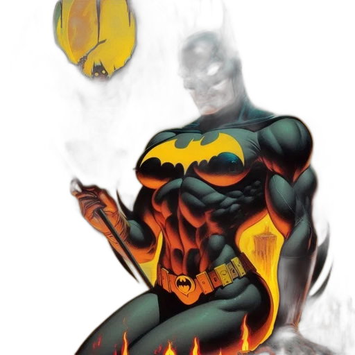 comic book art, concept art, fantasy art, batman, wielding, fiery, weapon, faces transparent PNG cut-out