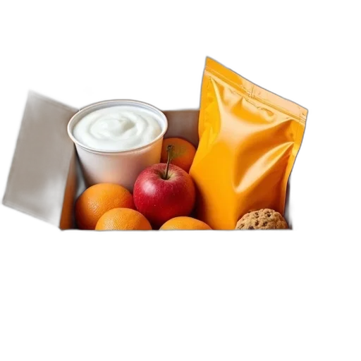 food, photorealistic, monochrome, earth tones, cardboard, box, contains, various transparent PNG cut-out