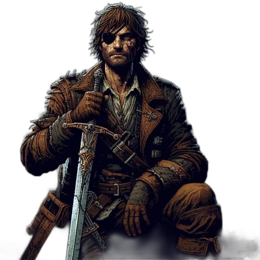 jacket, weapon, sword, concept art, fantasy art, comic book art, photorealistic, earth tones transparent PNG cut-out