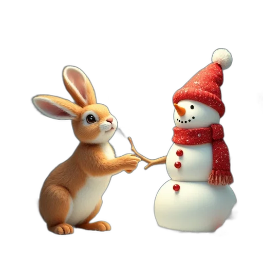 3d render, concept art, snow, rabbit, snowman, christmas, decorations, royalty transparent PNG cut-out