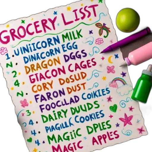 colorful, whimsical, grocery, list, written, chalk, paper, features transparent PNG cut-out