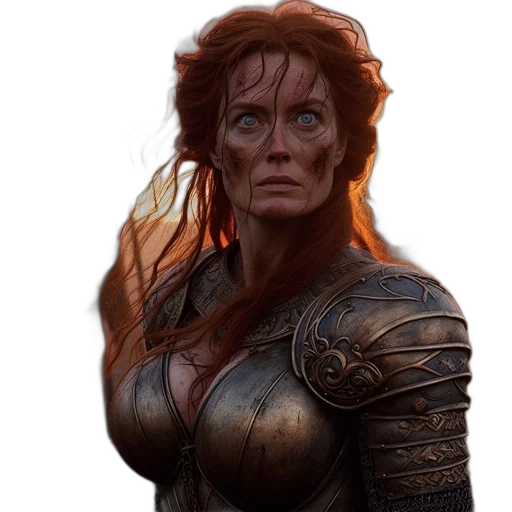 face, concept art, fantasy art, comic book art, photorealistic, woman, armor, stands transparent PNG cut-out