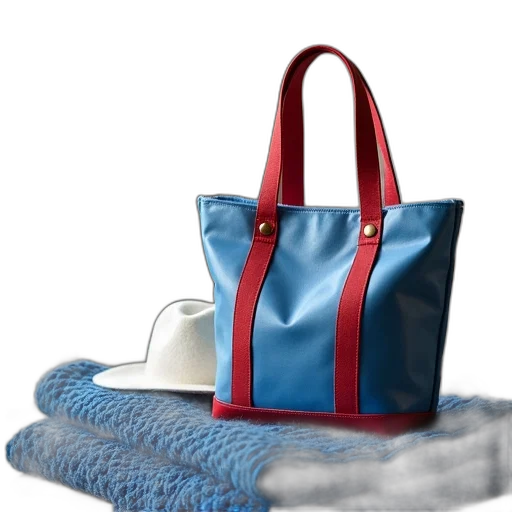 3d render, photorealistic, blue, red, striped, tote, bag, placed transparent PNG cut-out