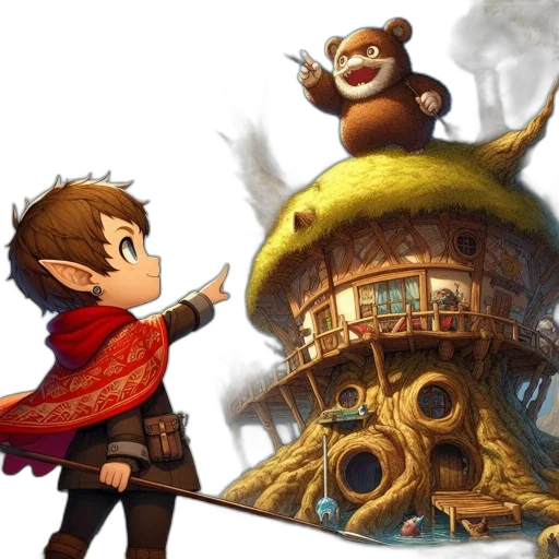 concept art, fantasy art, 3d render, fire, young, elf, interacts, bear transparent PNG cut-out