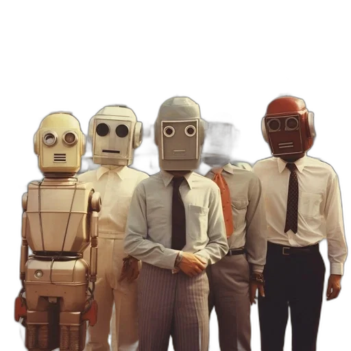 robot, mask, staff, concept art, 3d render, earth tones, group, five transparent PNG cut-out