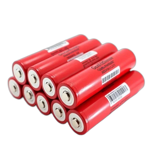 red, stack, nine, identical, cylindrical, batteries, white, tops transparent PNG cut-out