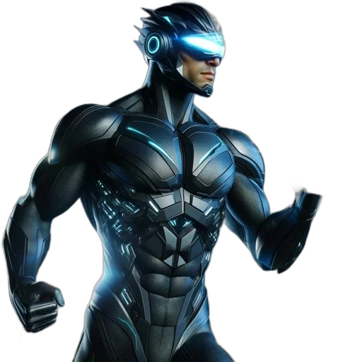 robot, concept art, comic book art, 3d render, cyberpunk, blue, futuristic, superhero transparent PNG cut-out