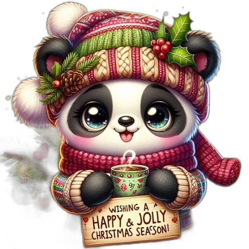 photorealistic, cartoon, festive, knitted, panda, holds, warm, beverage transparent PNG cut-out