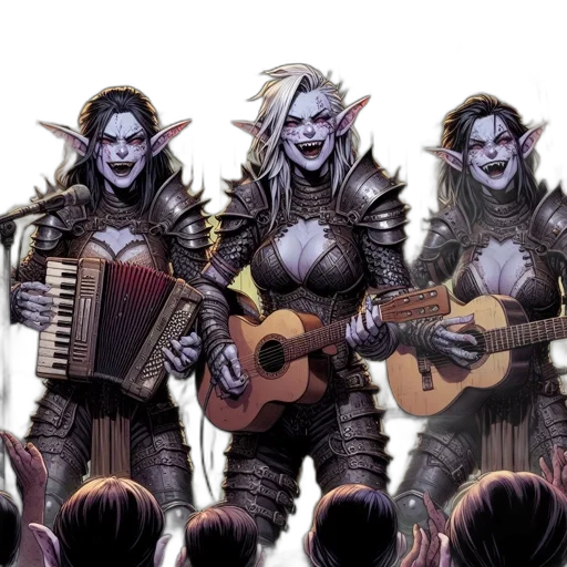 concept art, fantasy art, comic book art, three, women, pointed, ears, perform transparent PNG cut-out