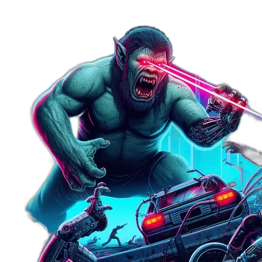 concept art, comic book art, cyberpunk, pixel art, neon lights, neon, green, towering transparent PNG cut-out