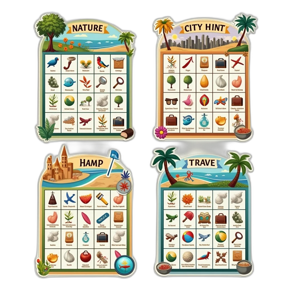 concept art, earth tones, set, four, colorful, bingo, cards, different transparent PNG cut-out