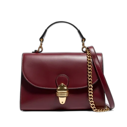 maroon, leather, handbag, gold, buckle, chain, strap, displayed transparent PNG cut-out