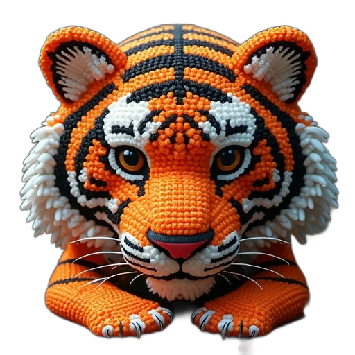 animal, 3d render, photorealistic, tiger, knitted, plastic, bead, pattern transparent PNG cut-out