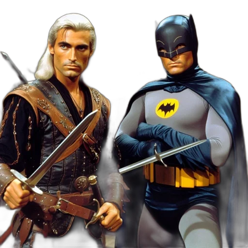 comic book art, concept art, fantasy art, two, characters, medieval, man, batman transparent PNG cut-out