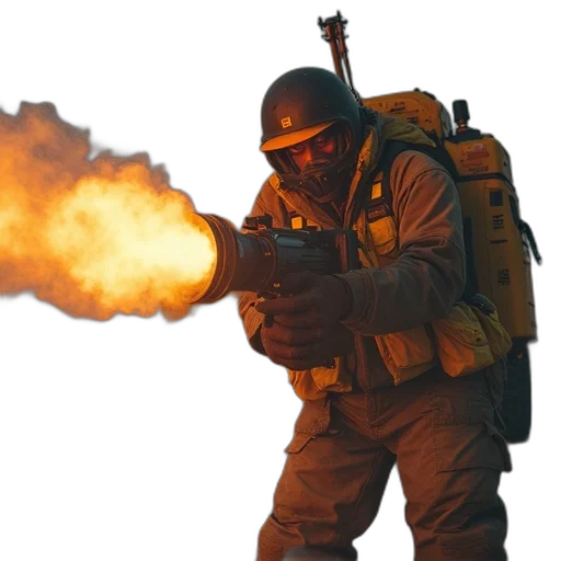 weapon, staff, jacket, mask, concept art, photorealistic, 3d render, fire transparent PNG cut-out