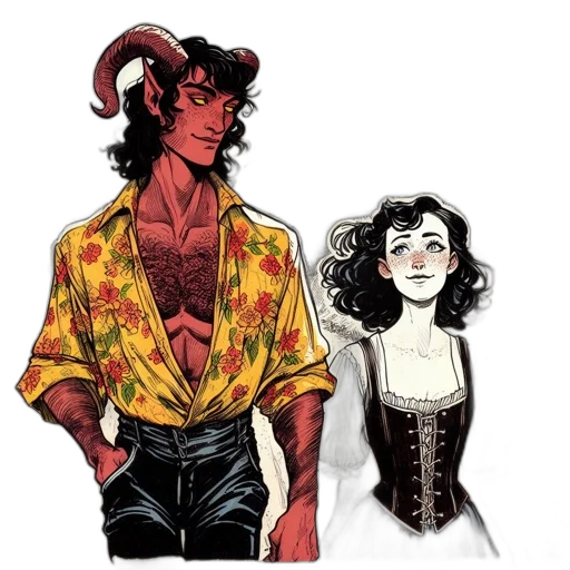 concept art, comic book art, watercolor, fantasy art, red, dark, two, characters transparent PNG cut-out