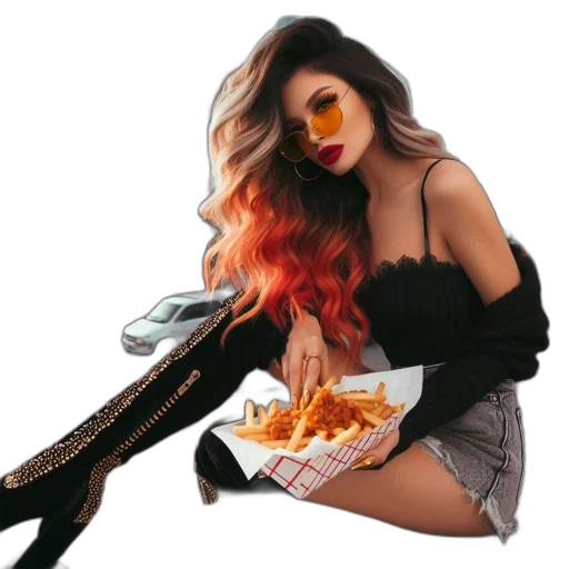 food, jacket, hair, shoes, photorealistic, vaporwave, fire, neon lights transparent PNG cut-out