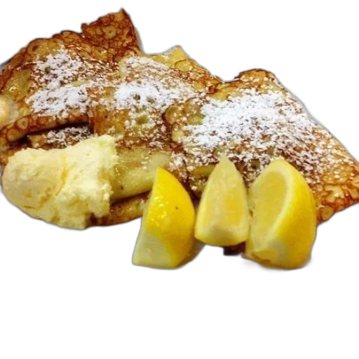 food, crown, photorealistic, plate, crepes, powdered, sugar, lemon transparent PNG cut-out