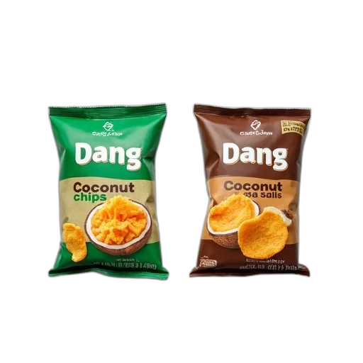 food, two, identical, packets, dang, coconut, chips, displayed transparent PNG cut-out
