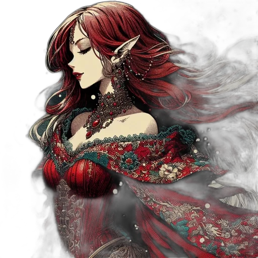 dress, jewelry, fantasy art, concept art, pixel art, anime, red, dark transparent PNG cut-out