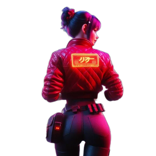 jacket, staff, weapon, cyberpunk, concept art, pixel art, 3d render, neon lights transparent PNG cut-out