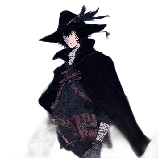 hat, staff, mask, jacket, concept art, fantasy art, watercolor, pixel art transparent PNG cut-out