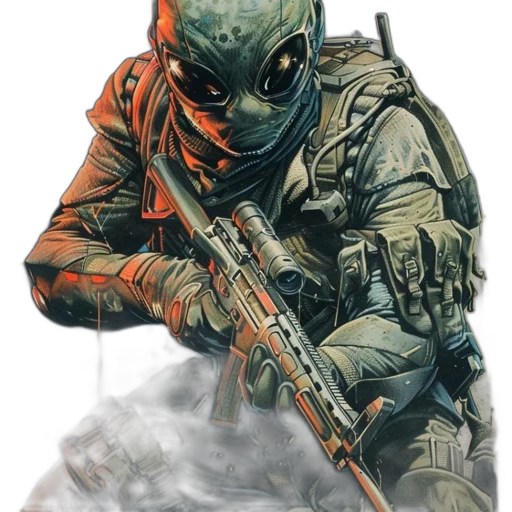 weapon, mask, face, concept art, comic book art, photorealistic, 3d render, green transparent PNG cut-out