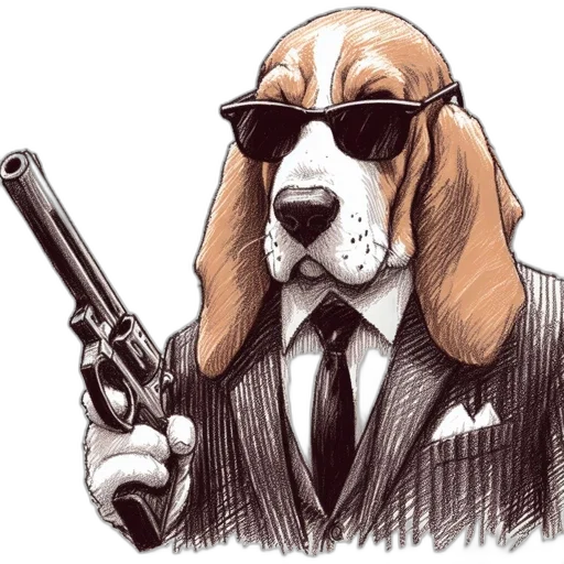weapon, animal, cartoon, comic book art, concept art, basset, hound, suit transparent PNG cut-out