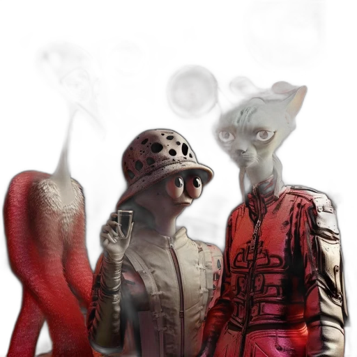 mask, jacket, staff, creature, concept art, 3d render, fantasy art, comic book art transparent PNG cut-out