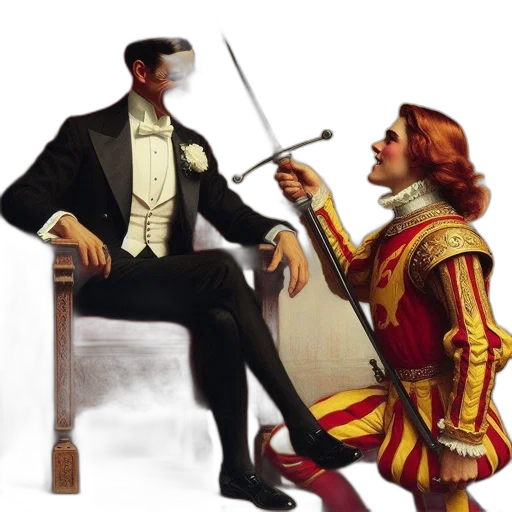 staff, sword, crown, concept art, fire, seated, man, tuxedo transparent PNG cut-out