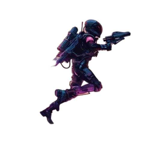 weapon, robot, creature, jacket, concept art, pixel art, 3d render, vaporwave transparent PNG cut-out