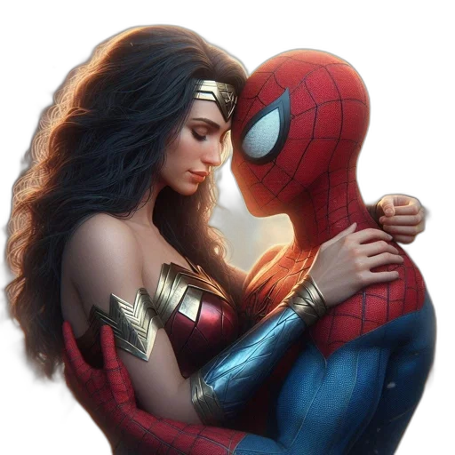 comic book art, concept art, fantasy art, photorealistic, wonder, woman, spider-man, share transparent PNG cut-out