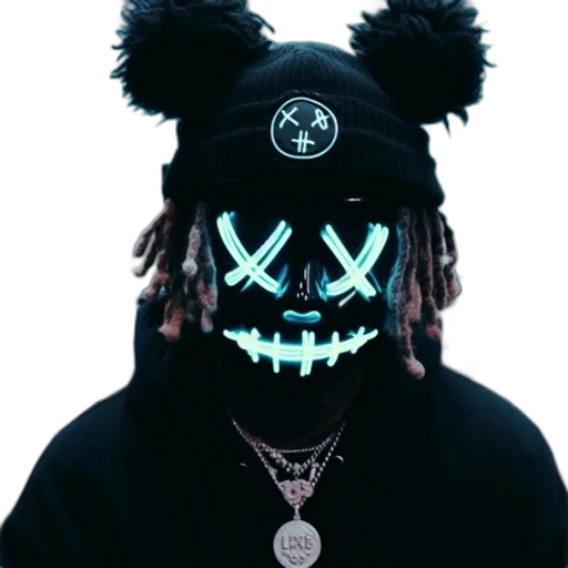 mask, face, jacket, hat, 3d render, cyberpunk, cartoon, concept art transparent PNG cut-out
