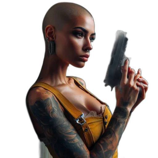 weapon, concept art, cyberpunk, comic book art, photorealistic, woman, shaved, head transparent PNG cut-out