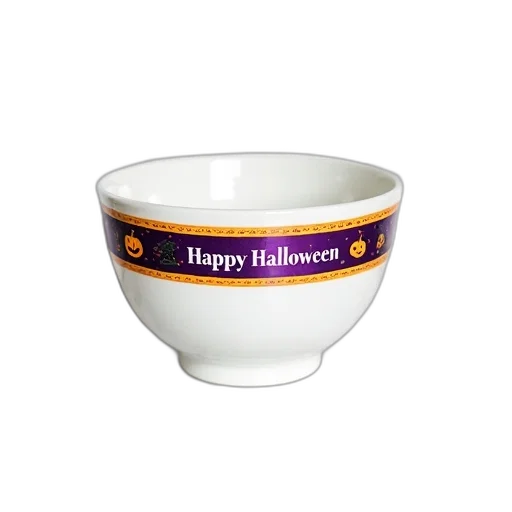 white, ceramic, bowl, purple, yellow, halloween-themed, ribbon, around transparent PNG cut-out