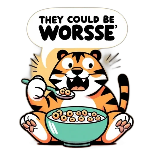 food, concept art, cartoon, tiger, surprises, itself, while, eating transparent PNG cut-out