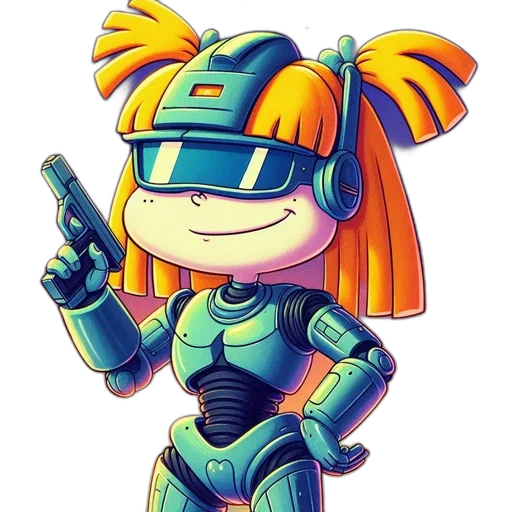 robot, weapon, jacket, pixel art, cyberpunk, concept art, cartoon, animated transparent PNG cut-out