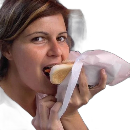 food, face, mask, photorealistic, woman, pink, shirt, eating transparent PNG cut-out