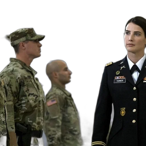 woman, military, uniform, stands, front, three, men transparent PNG cut-out