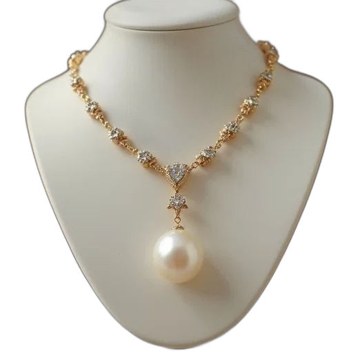 jewelry, crown, gold, pearl, diamond, pendant, necklace, stand transparent PNG cut-out