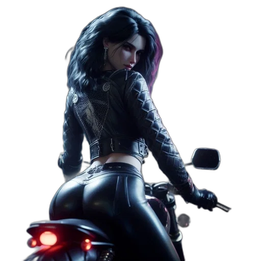 concept art, cyberpunk, comic book art, fantasy art, dusk, woman, stands, motorbike transparent PNG cut-out