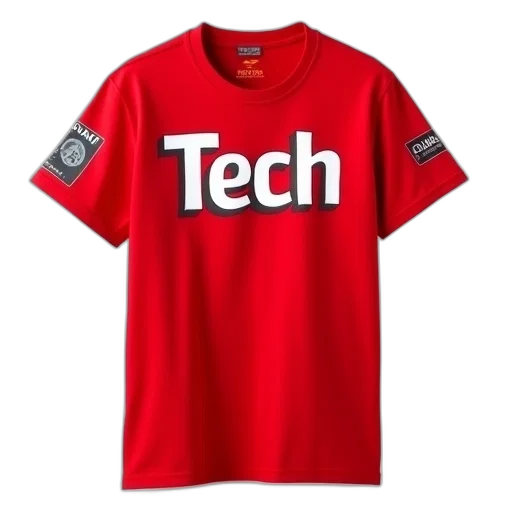 red, t-shirt, word, tech, white, capital, letters, front transparent PNG cut-out